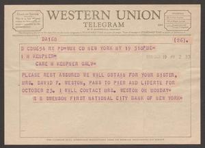 Primary view of [Telegram from R. B. Swenson to I. H. Kempner - October 19, 1956]
