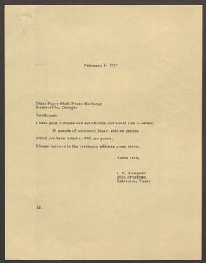 Primary view of object titled '[Letter from Isaac H. Kempner to Dixie Paper Shell Pecan Exchange, February 4, 1957]'.