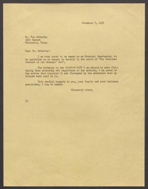 Primary view of object titled '[Letter from Isaac H. Kempner to Tom Mc Carthy, November 7, 1957]'.