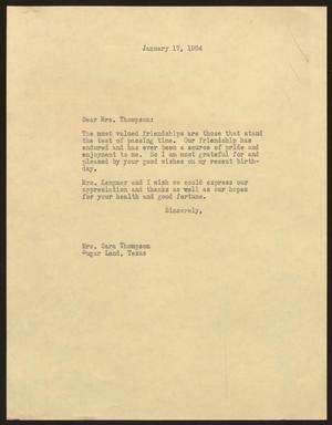 Primary view of object titled '[Letter from I. H. Kempner to Sara Thompson, January 17, 1964]'.