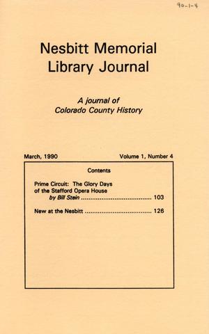 Primary view of object titled 'Nesbitt Memorial Library Journal, Volume 1, Number 4, March 1990'.