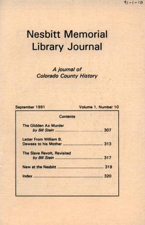 Primary view of object titled 'Nesbitt Memorial Library Journal, Volume 1, Number 10, September 1991'.