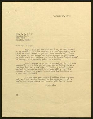 Primary view of object titled '[Letter from Isaac H. Kempner to Mrs. Hobby, February 26, 1963]'.