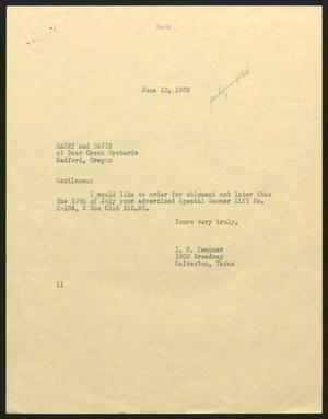 Primary view of object titled '[Letter from Isaac H. Kempner to Harry and David, June 12, 1963]'.