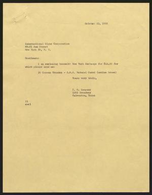 Primary view of object titled '[Letter from Isaac H. Kempner to International Cigar Corporation, October 23, 1958]'.