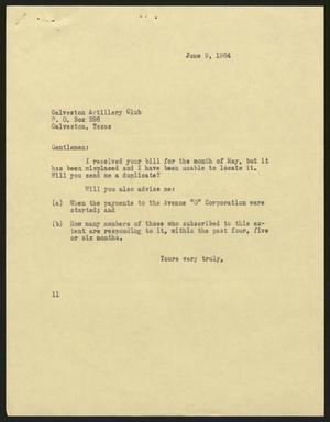 Primary view of object titled '[Letter from Isaac H. Kempner to Galveston Artillery Club, June 9, 1964]'.