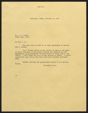 Primary view of object titled '[Letter from Isaac H. Kempner to J. B. Fowler, February 27, 1958]'.
