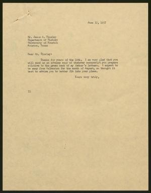 Primary view of object titled '[Letter from Isaac H. Kempner to James A. Tinsley, June 17, 1957]'.