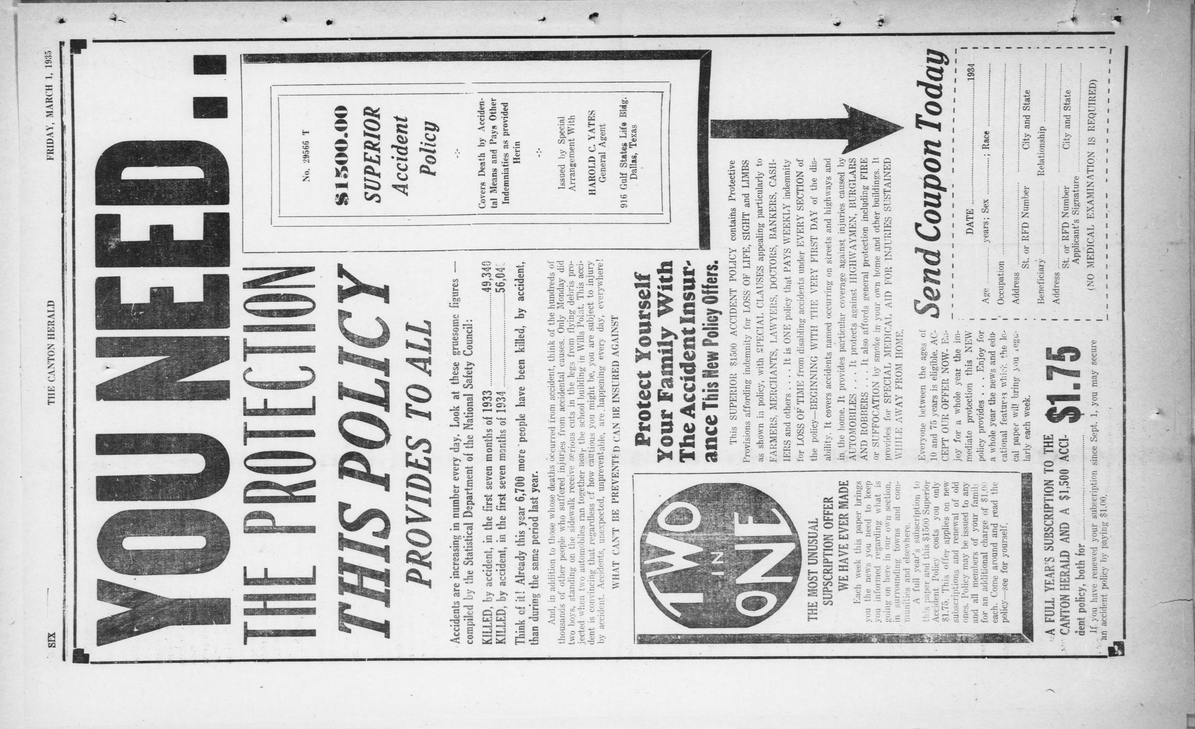 The Canton Herald (Canton, Tex.), Vol. 53, No. 9, Ed. 1 Friday, March 1, 1935
                                                
                                                    [Sequence #]: 6 of 8
                                                