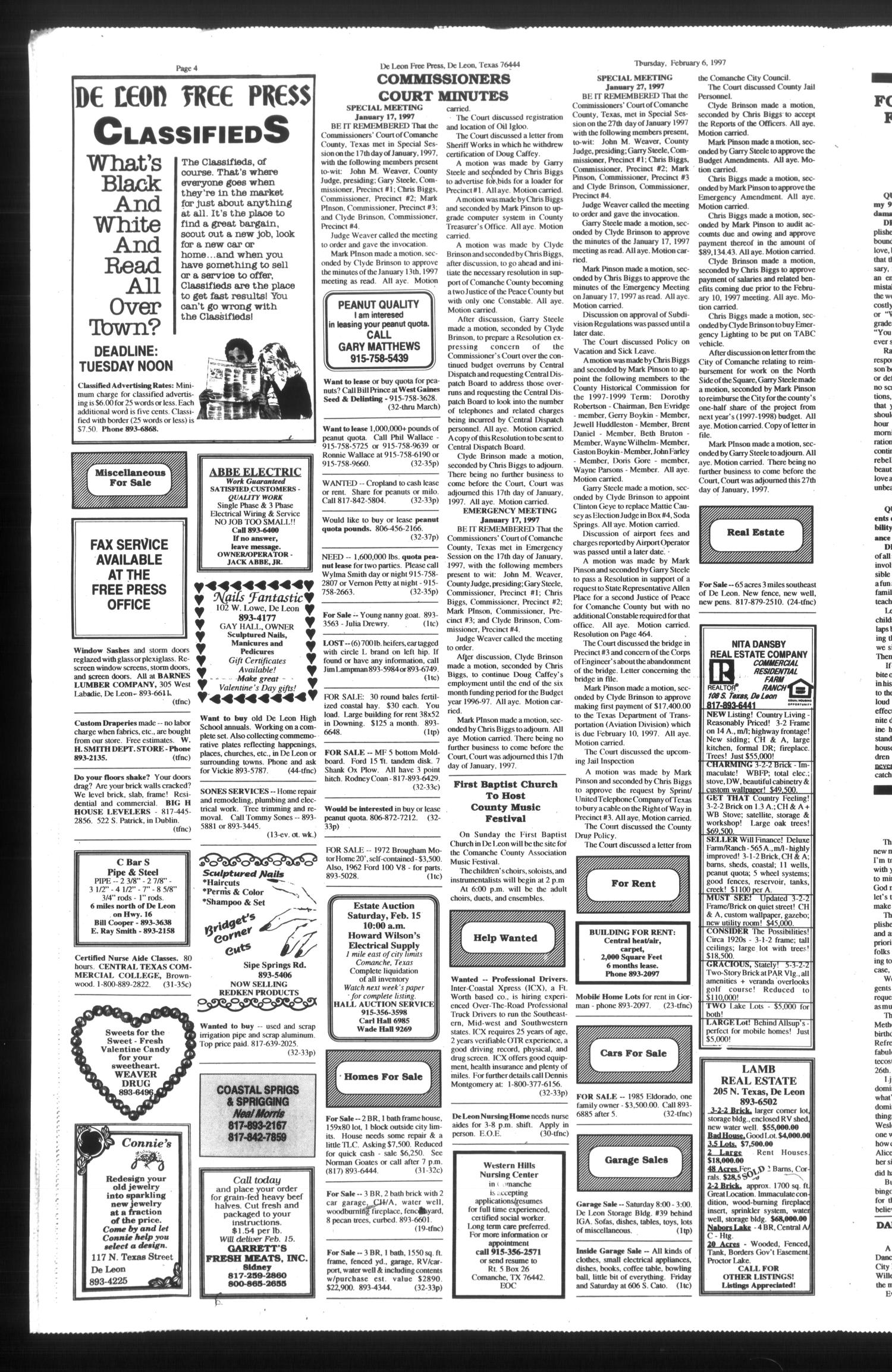 De Leon Free Press (De Leon, Tex.), Vol. 107, No. 32, Ed. 1 Thursday, February 6, 1997
                                                
                                                    [Sequence #]: 4 of 10
                                                