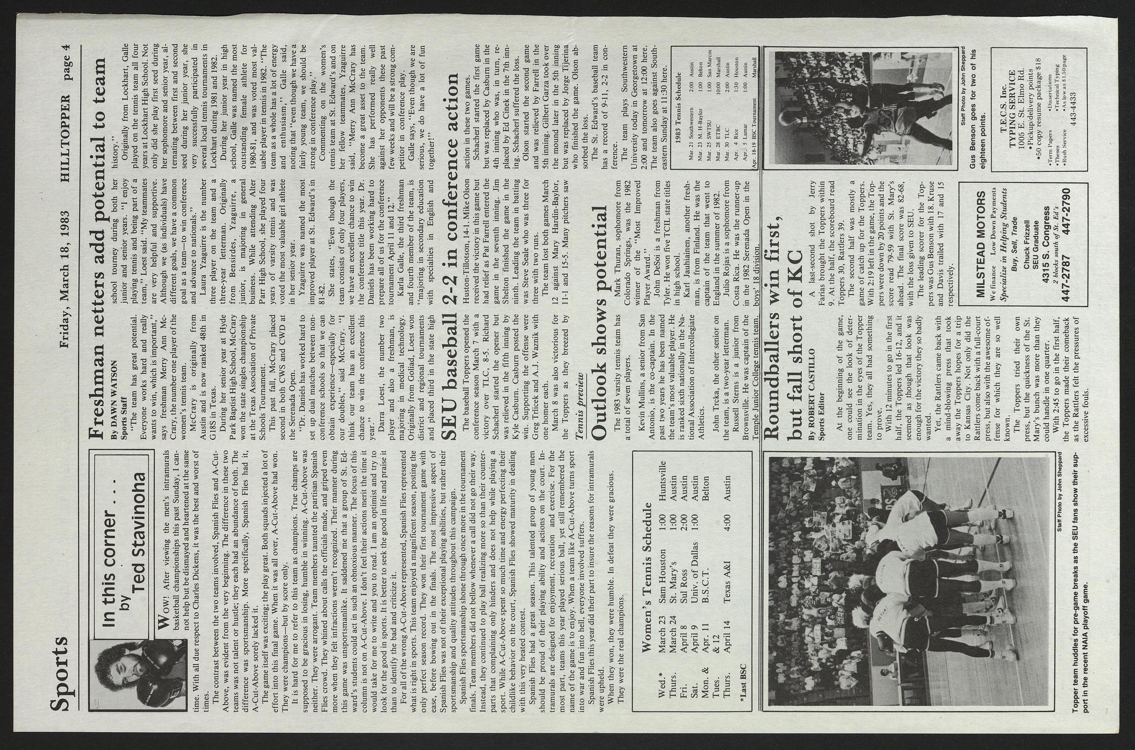 St. Edward's University Hilltopper (Austin, Tex.), Vol. 11, No. 20, Ed. 1 Friday, March 18, 1983
                                                
                                                    [Sequence #]: 4 of 10
                                                
