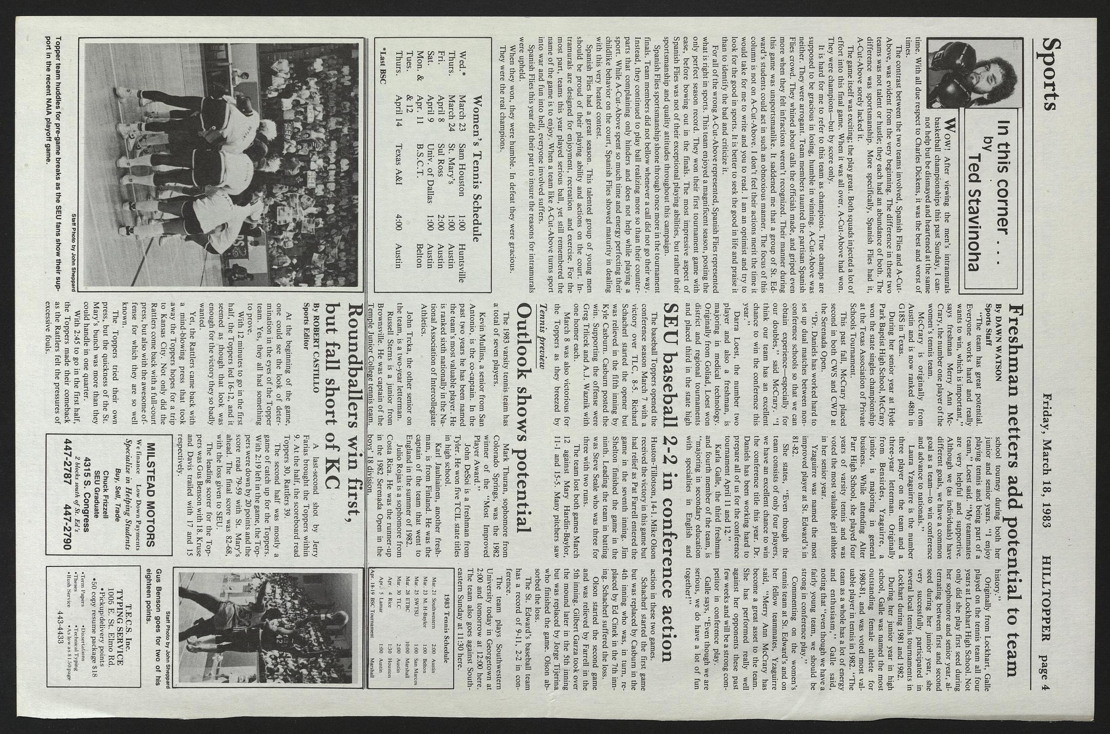 St. Edward's University Hilltopper (Austin, Tex.), Vol. 11, No. 20, Ed. 1 Friday, March 18, 1983
                                                
                                                    [Sequence #]: 4 of 10
                                                