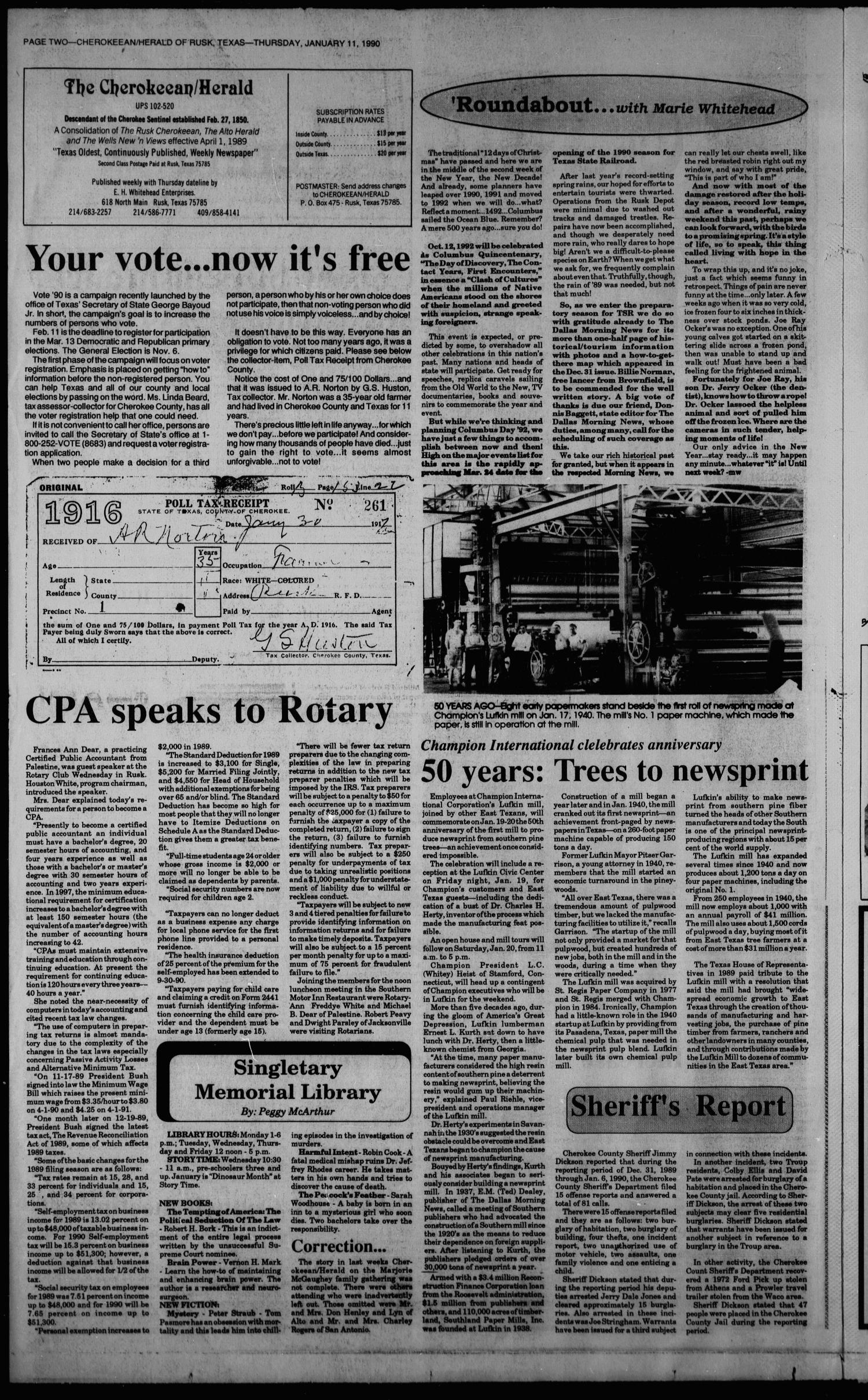 Cherokeean/Herald (Rusk, Tex.), Vol. 141, No. 49, Ed. 1 Thursday, January 11, 1990
                                                
                                                    [Sequence #]: 2 of 16
                                                