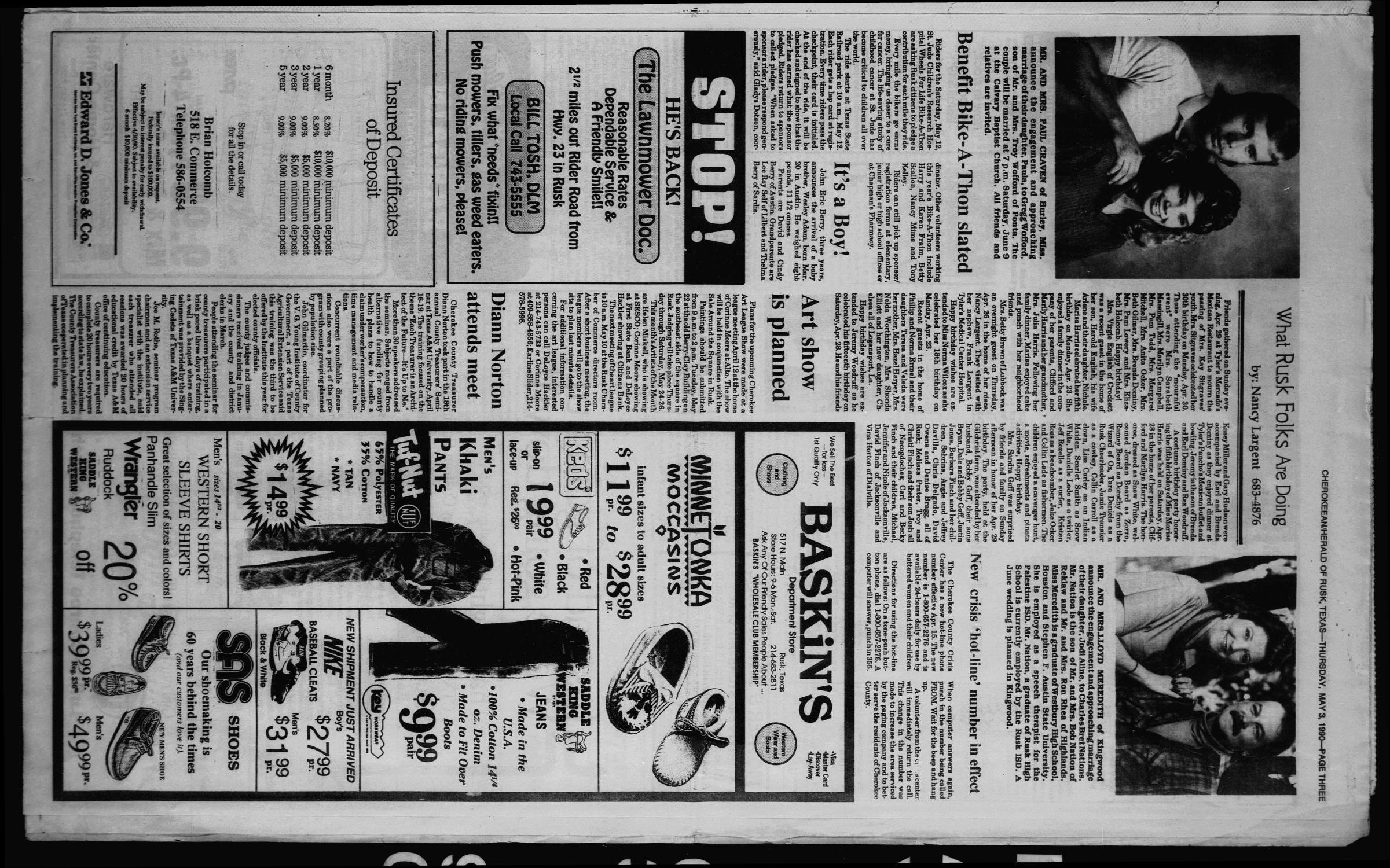 Cherokeean/Herald (Rusk, Tex.), Vol. 142, No. 13, Ed. 1 Thursday, May 3, 1990
                                                
                                                    [Sequence #]: 3 of 24
                                                