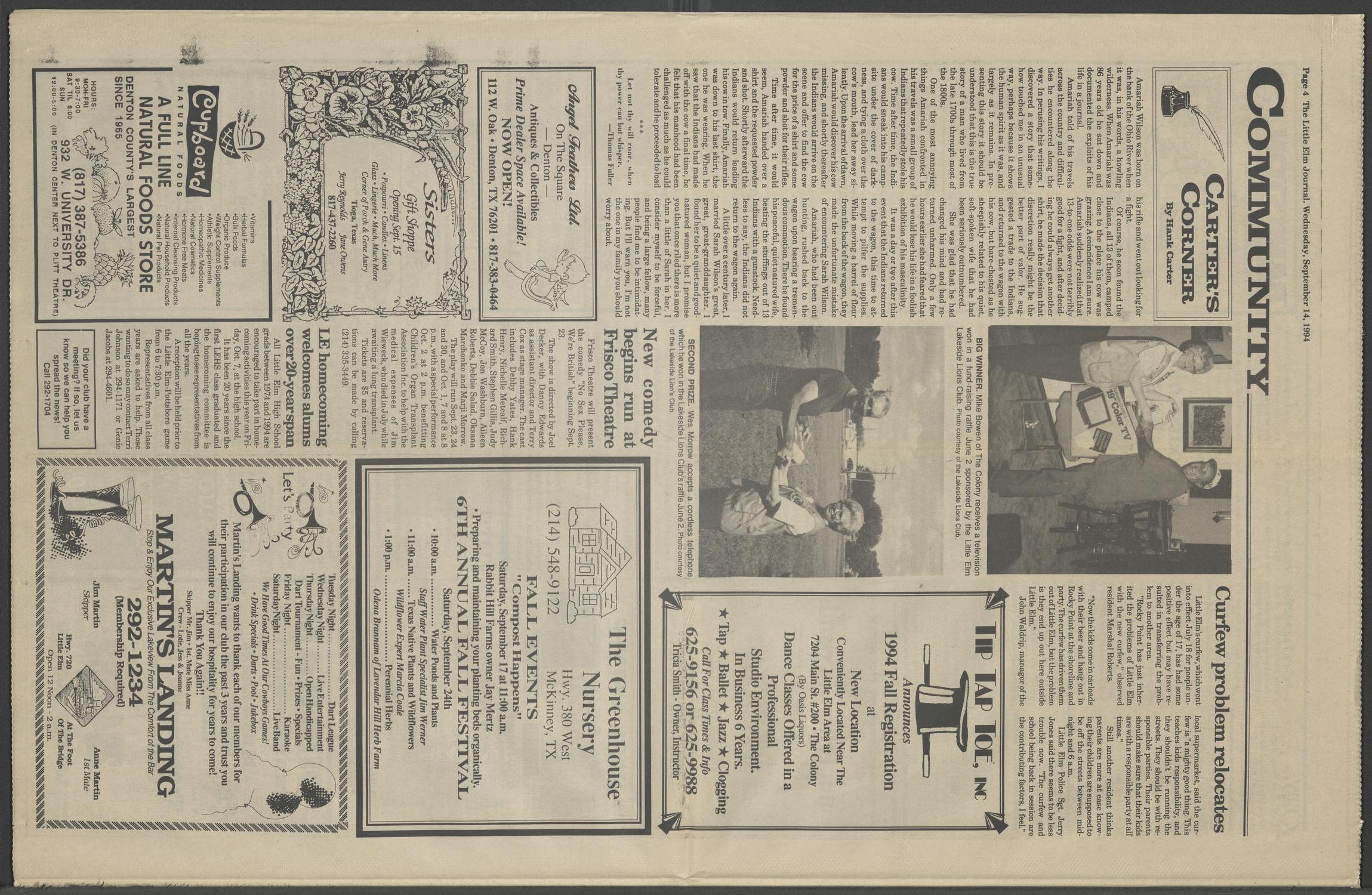 The Little Elm Journal (Little Elm, Tex.), Vol. 1, No. 28, Ed. 1 Wednesday, September 14, 1994
                                                
                                                    [Sequence #]: 4 of 12
                                                