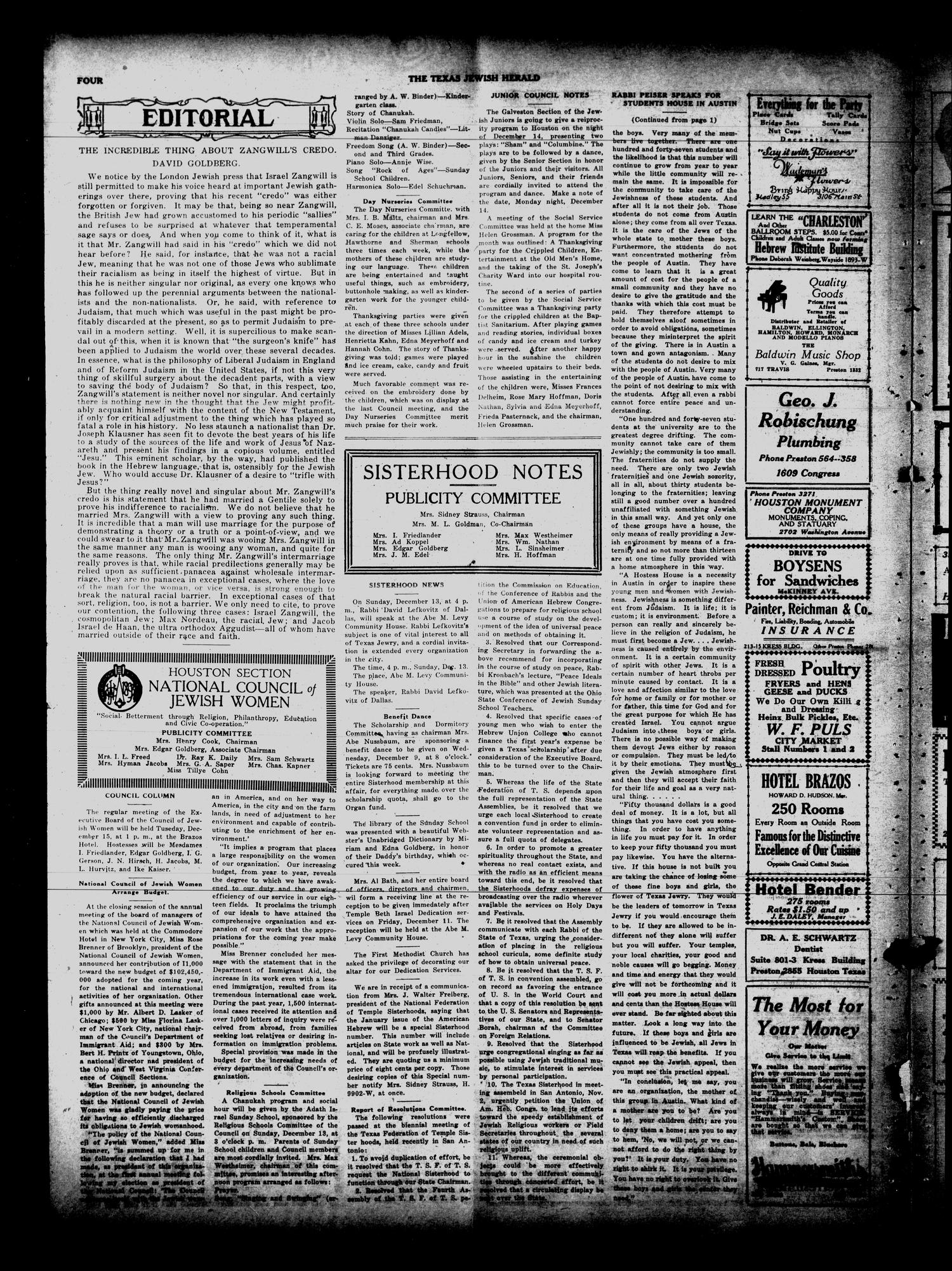 The Texas Jewish Herald (Houston, Tex.), Vol. 18, No. 14, Ed. 1 Thursday, December 3, 1925
                                                
                                                    [Sequence #]: 4 of 8
                                                