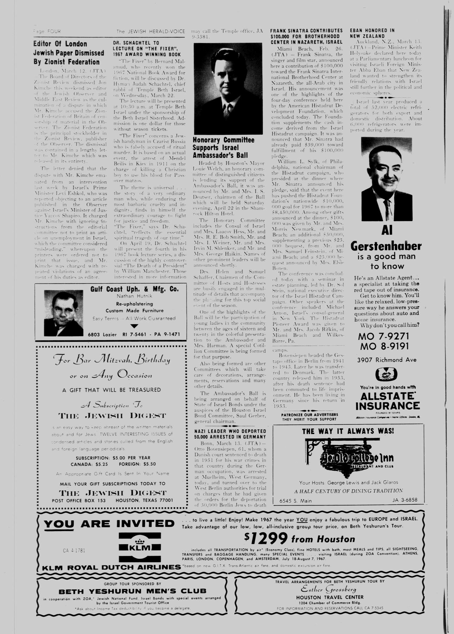 The Jewish Herald-Voice (Houston, Tex.), Vol. 61, No. 51, Ed. 1 Thursday, March 16, 1967
                                                
                                                    [Sequence #]: 4 of 14
                                                