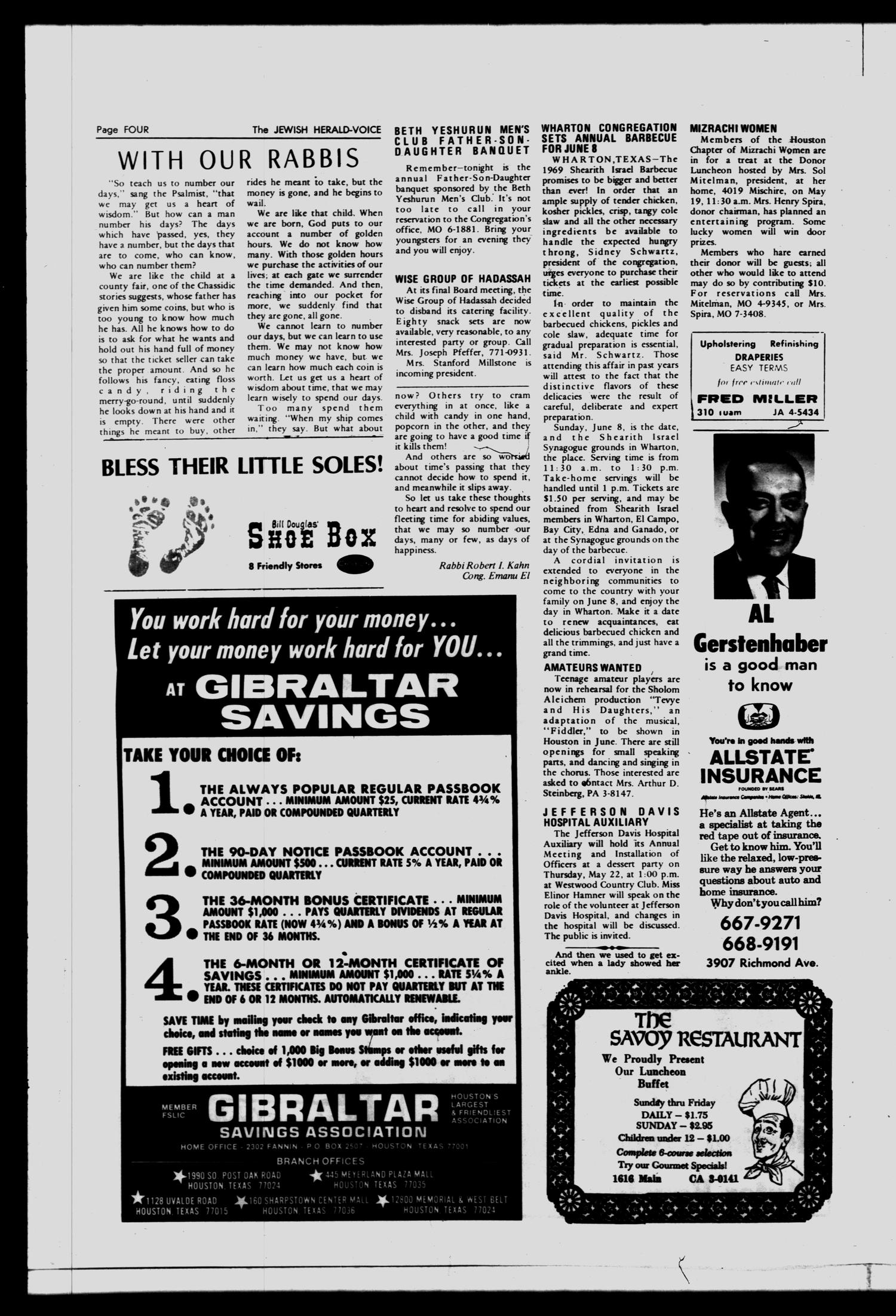 The Jewish Herald-Voice (Houston, Tex.), Vol. 64, No. 7, Ed. 1 Thursday, May 15, 1969
                                                
                                                    [Sequence #]: 4 of 18
                                                
