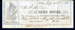 Primary view of object titled '[Receipt from the Galveton Tri-Weekly News to Fred A. Rice - July 28, 1863]'.