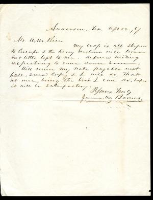 Primary view of [Letter from James W. Barnes to William M. Rice - April 22, 1867]