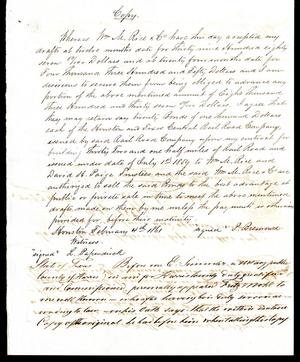Primary view of object titled '[Document of an agreement between P. Bremond to William M. Rice - February 4, 1861]'.