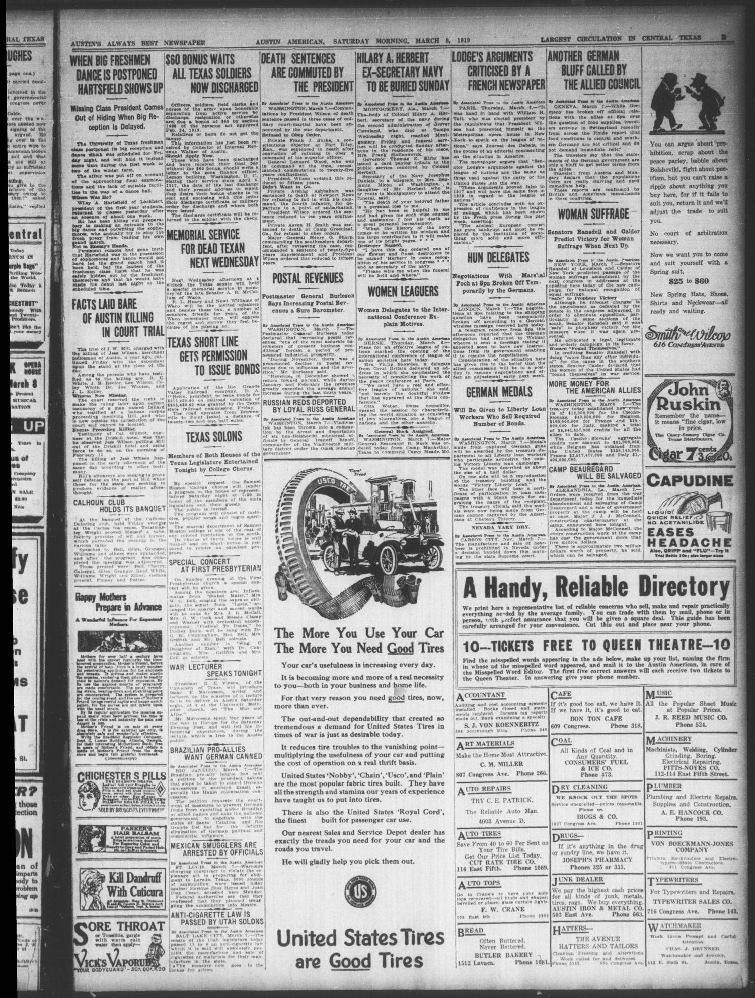 Austin American (Austin, Tex.), Ed. 1 Saturday, March 8, 1919
                                                
                                                    [Sequence #]: 3 of 6
                                                