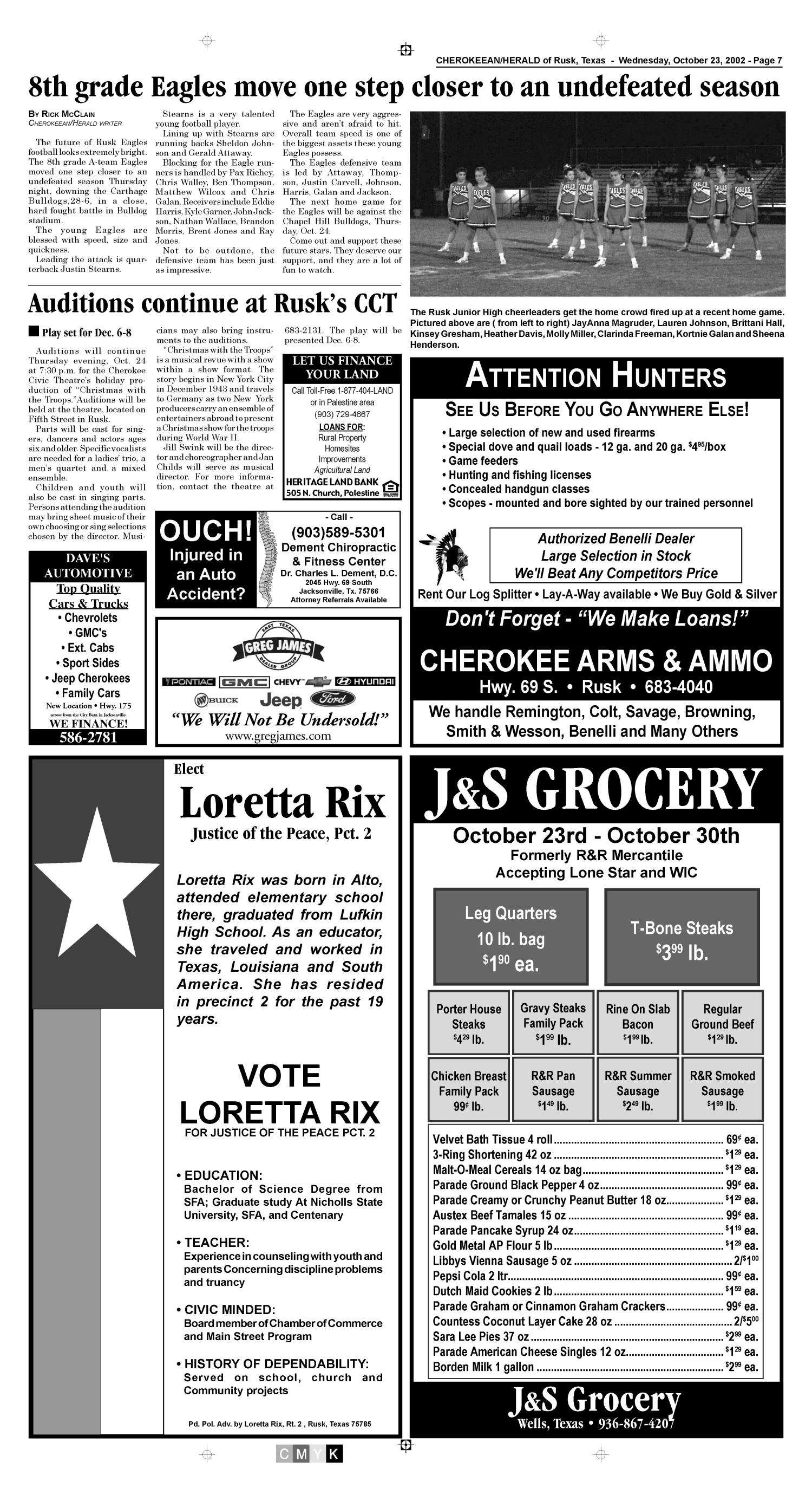 Cherokeean/Herald (Rusk, Tex.), Vol. 153, No. 35, Ed. 1 Wednesday, October 23, 2002
                                                
                                                    [Sequence #]: 7 of 16
                                                