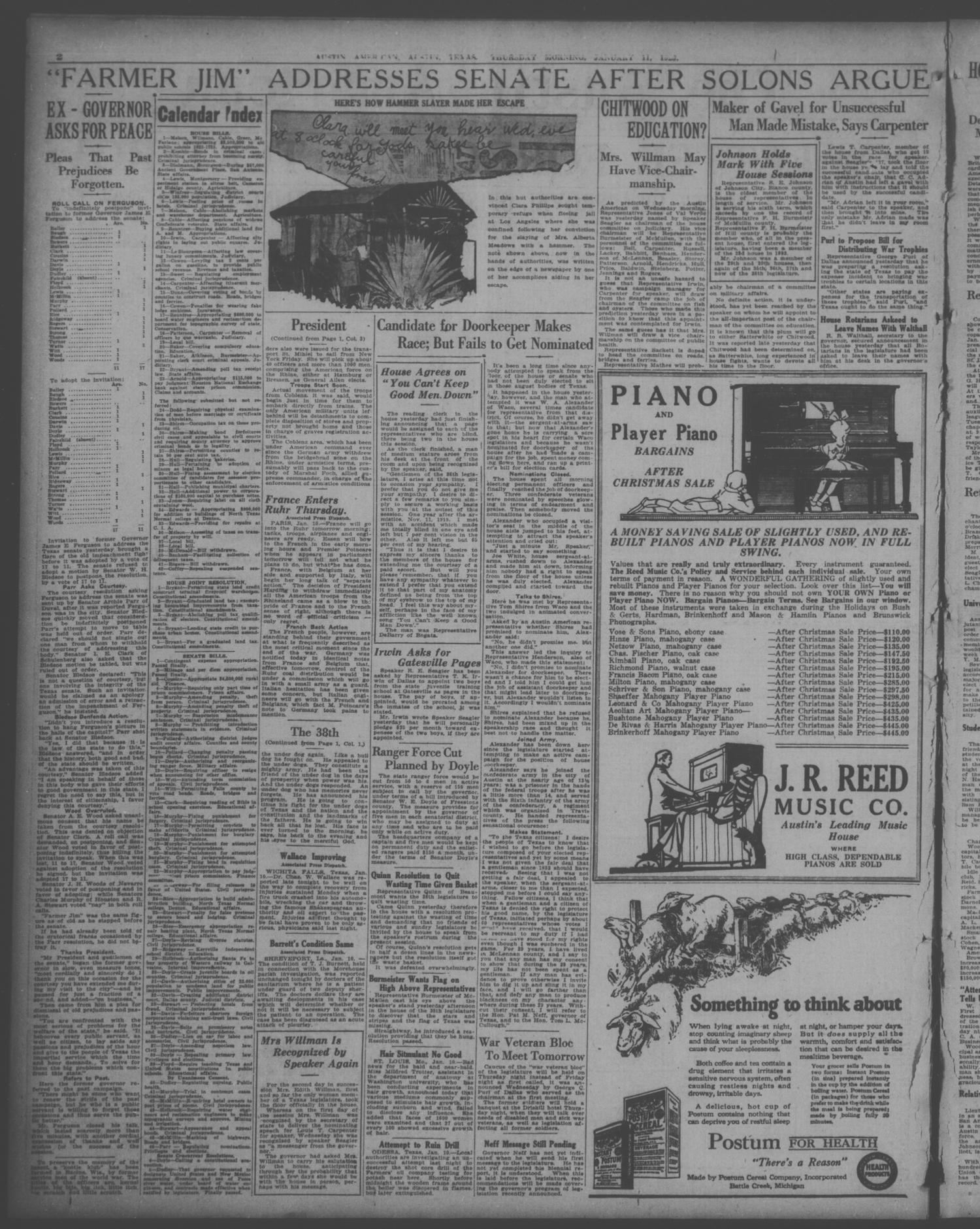 The Austin American (Austin, Tex.), Vol. 9, No. 211, Ed. 1 Thursday, January 11, 1923
                                                
                                                    [Sequence #]: 2 of 10
                                                