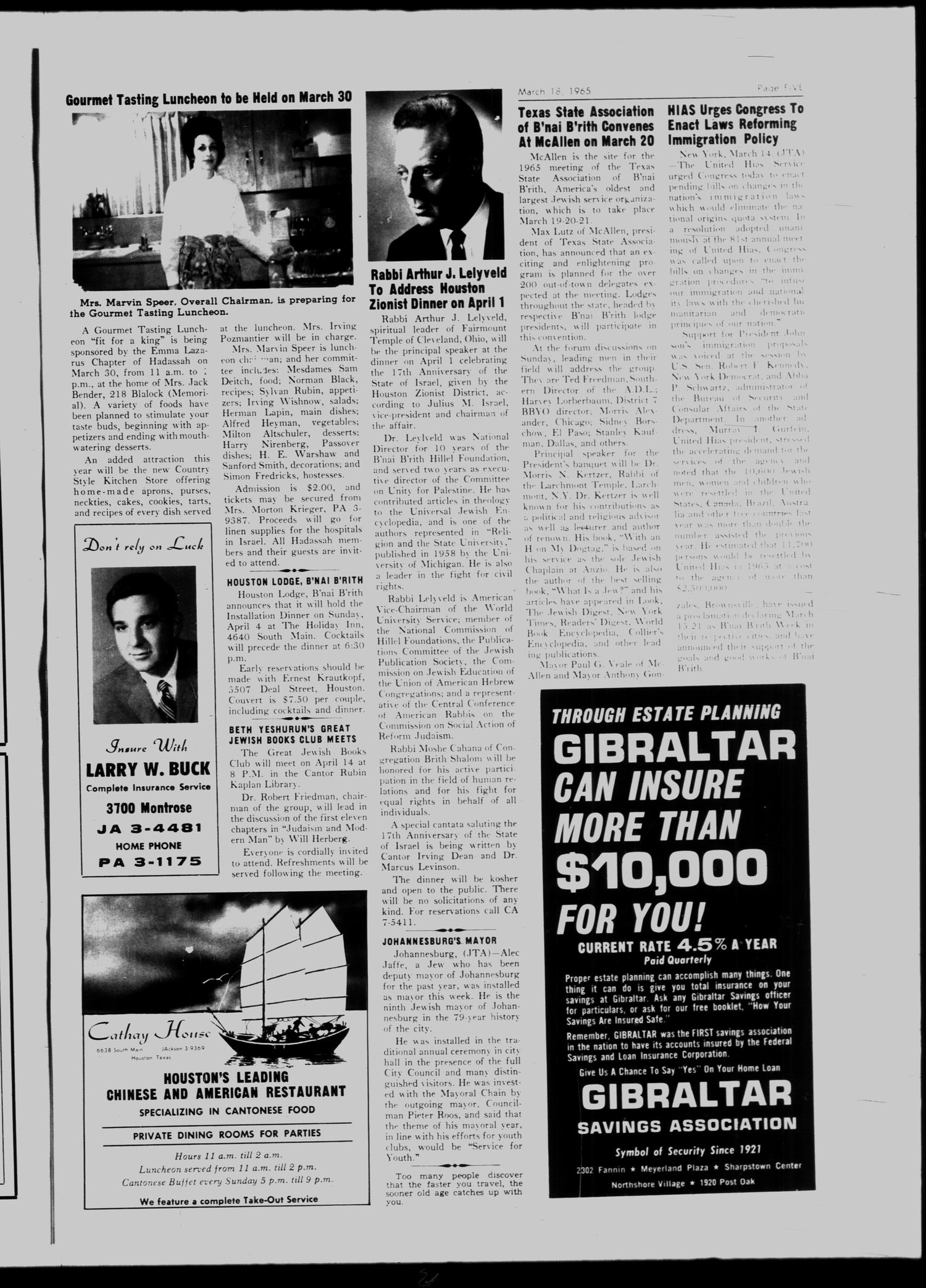 The Jewish Herald-Voice (Houston, Tex.), Vol. 59, No. 52, Ed. 1 Thursday, March 18, 1965
                                                
                                                    [Sequence #]: 5 of 16
                                                