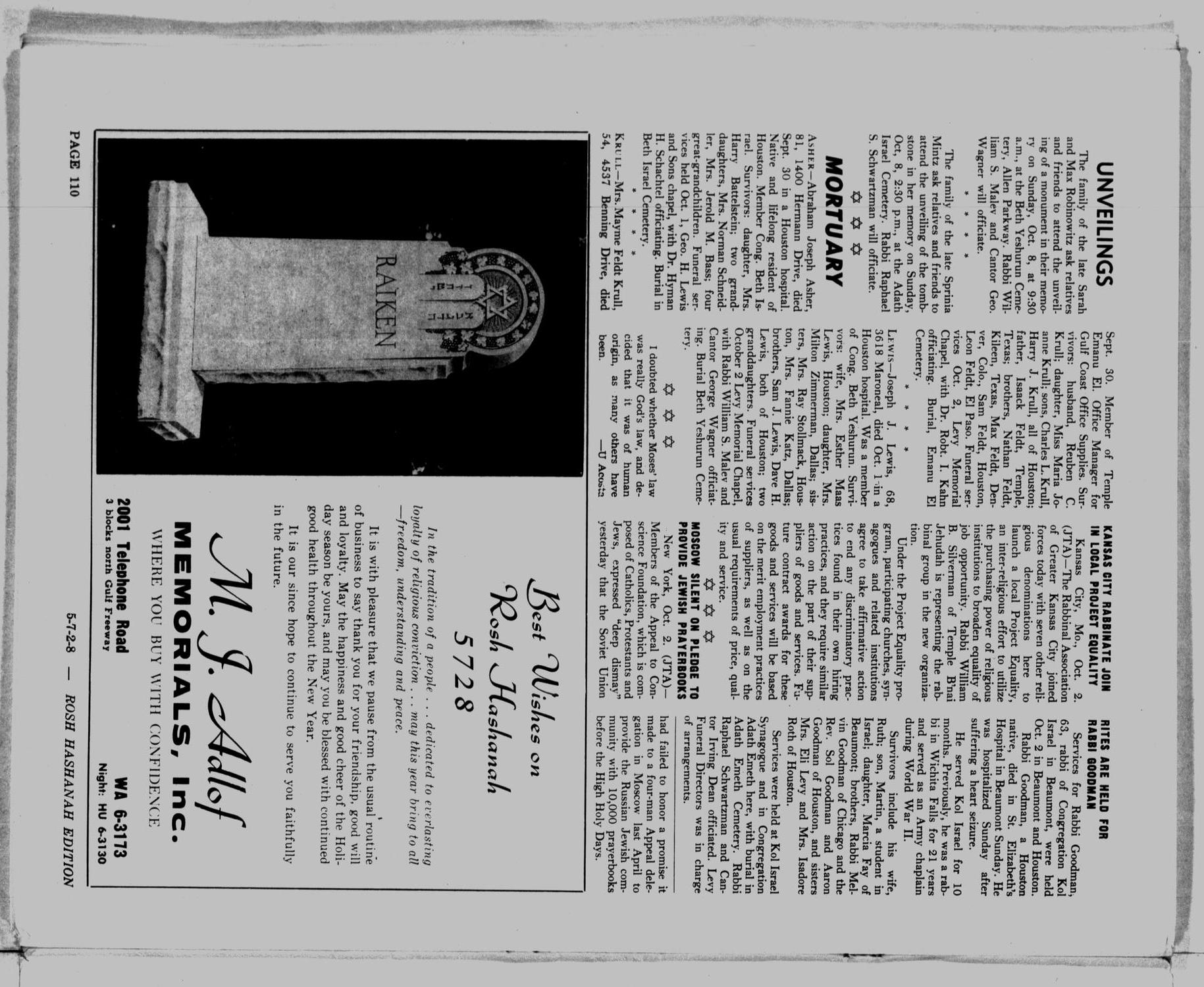 The Jewish Herald-Voice (Houston, Tex.), Vol. 62, No. 27, Ed. 1 Thursday, October 5, 1967
                                                
                                                    [Sequence #]: 113 of 115
                                                