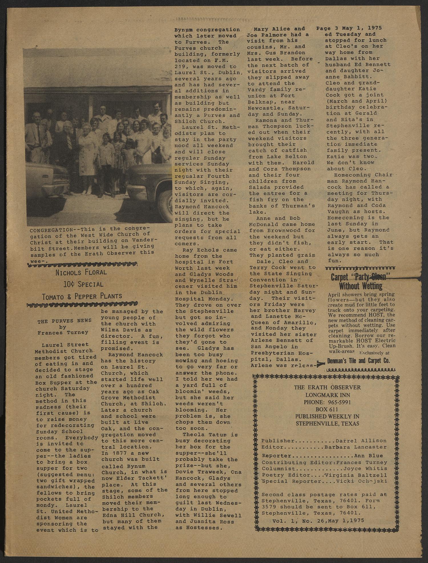 The Erath Observer (Stephenville, Tex.), Vol. 1, No. 26, Ed. 1 Thursday, May 1, 1975
                                                
                                                    [Sequence #]: 3 of 12
                                                