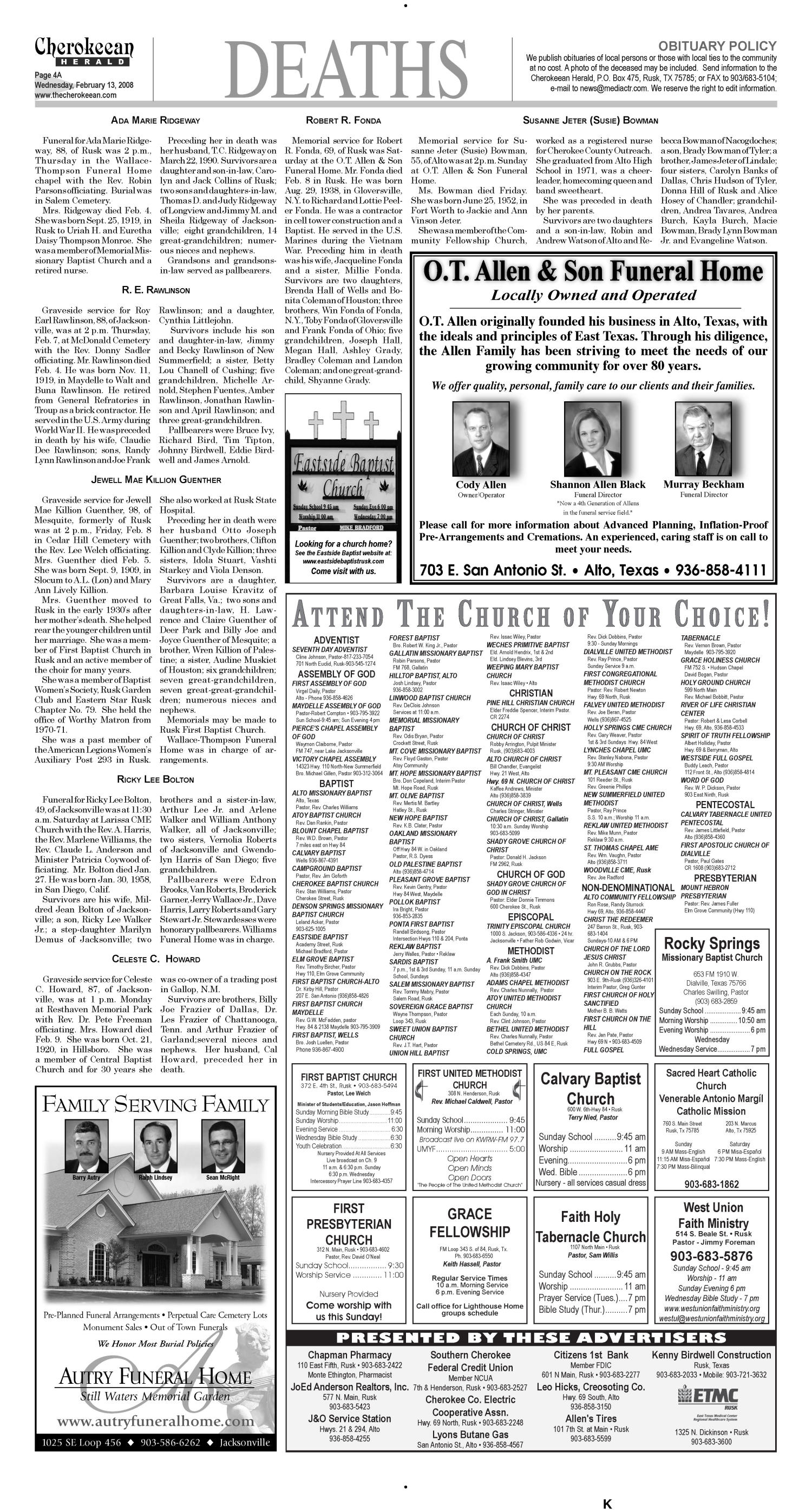 Cherokeean Herald (Rusk, Tex.), Vol. 158, No. 51, Ed. 1 Wednesday, February 13, 2008
                                                
                                                    [Sequence #]: 4 of 18
                                                