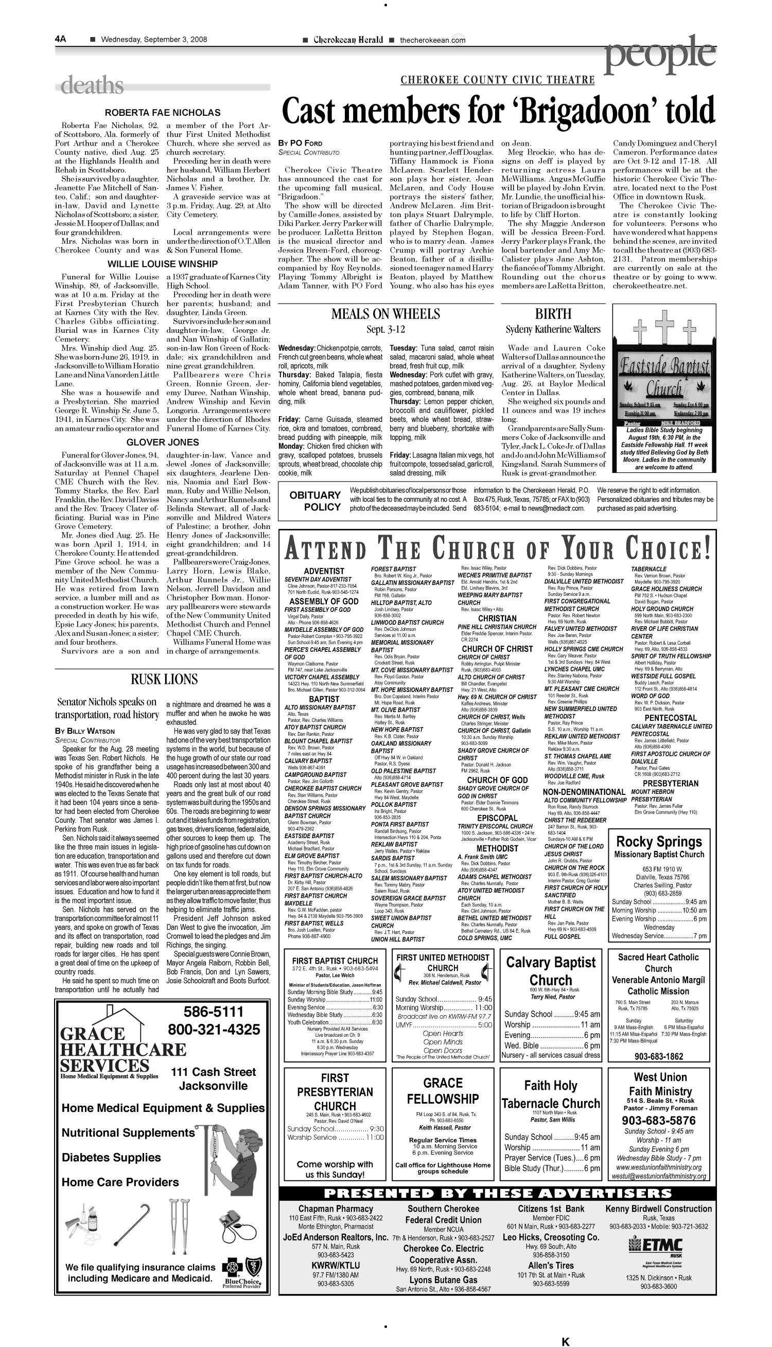 Cherokeean Herald (Rusk, Tex.), Vol. 159, No. 28, Ed. 1 Wednesday, September 3, 2008
                                                
                                                    [Sequence #]: 3 of 15
                                                