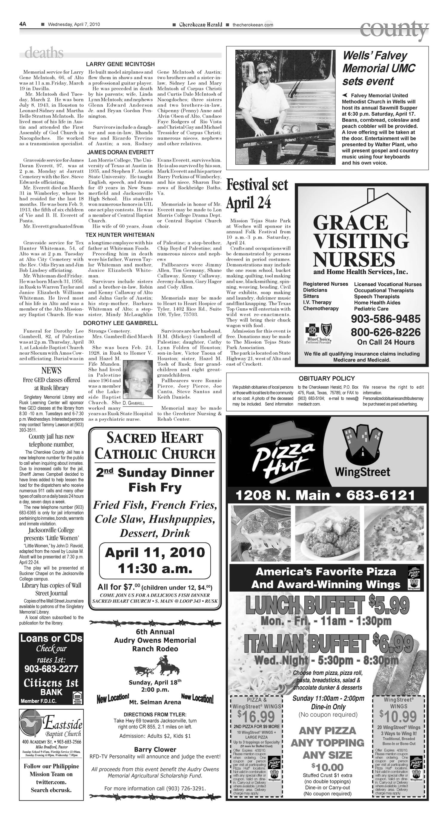 Cherokeean Herald (Rusk, Tex.), Vol. 161, No. 7, Ed. 1 Wednesday, April 7, 2010
                                                
                                                    [Sequence #]: 4 of 16
                                                