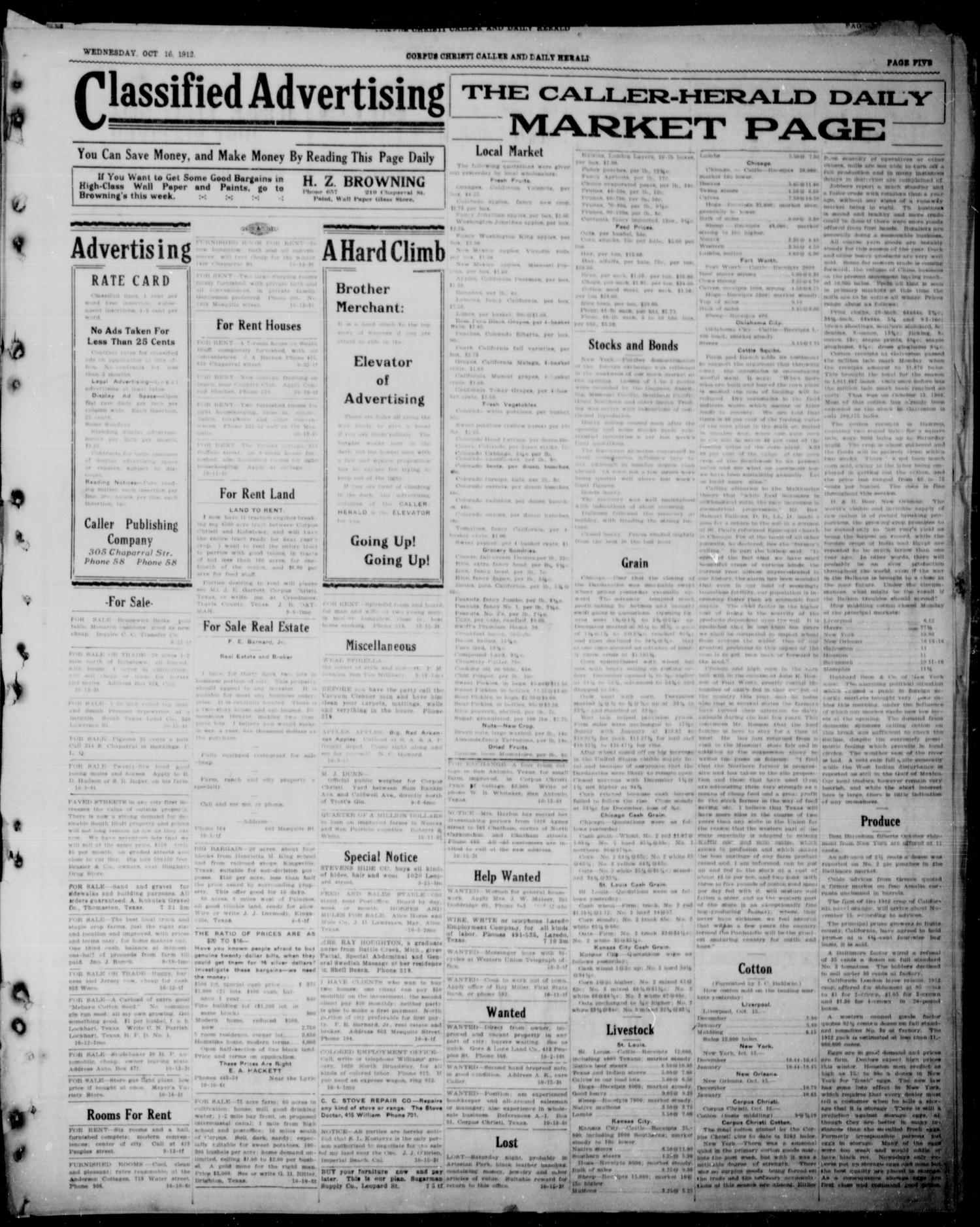 Corpus Christi Caller and Daily Herald (Corpus Christi, Tex.), Vol. THIRTEEN, No. 279, Ed. 1, Wednesday, October 16, 1912
                                                
                                                    [Sequence #]: 5 of 6
                                                