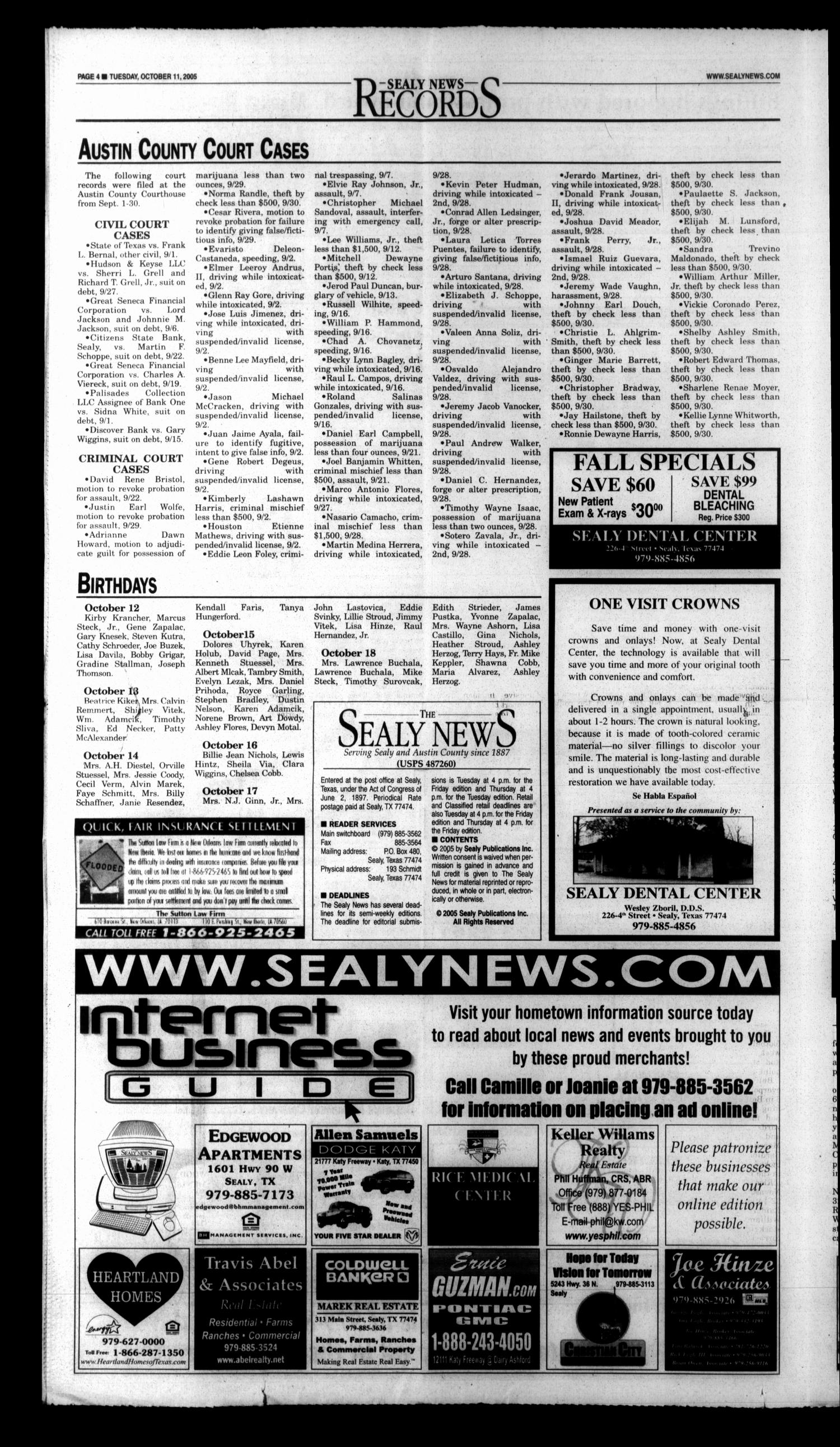 The Sealy News (Sealy, Tex.), Vol. 118, No. 82, Ed. 1 Tuesday, October 11, 2005
                                                
                                                    [Sequence #]: 4 of 8
                                                