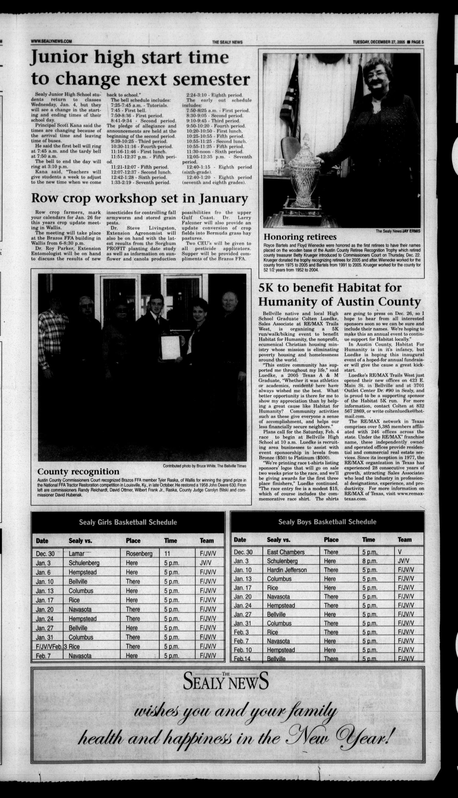 The Sealy News (Sealy, Tex.), Vol. 118, No. 104, Ed. 1 Tuesday, December 27, 2005
                                                
                                                    [Sequence #]: 5 of 8
                                                