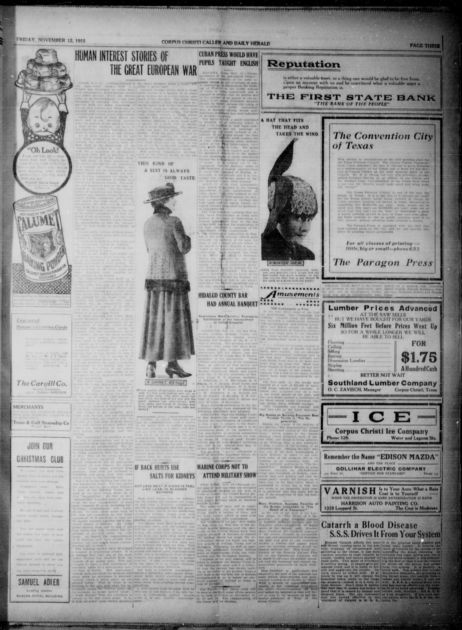 Corpus Christi Caller and Daily Herald (Corpus Christi, Tex.), Vol. SEVENTEEN, No. 294, Ed. 1, Friday, November 12, 1915
                                                
                                                    [Sequence #]: 3 of 8
                                                
