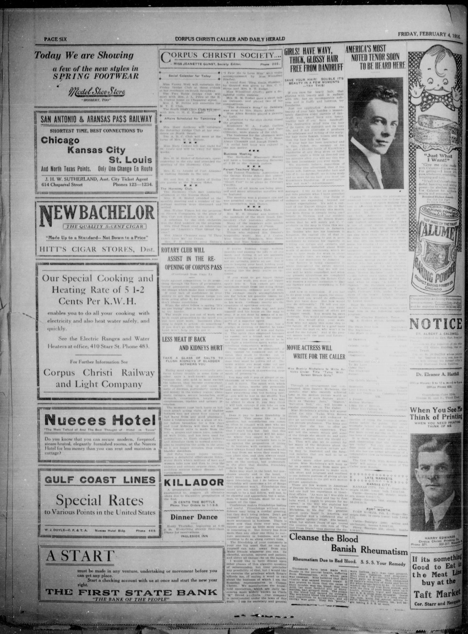 Corpus Christi Caller and Daily Herald (Corpus Christi, Tex.), Vol. 18, No. 53, Ed. 1, Friday, February 4, 1916
                                                
                                                    [Sequence #]: 6 of 6
                                                