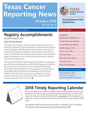 Primary view of object titled 'Texas Cancer Reporting News, Volume 20, Number 2, October 2018'.
