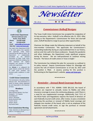 Primary view of object titled 'Credit Union Department Newsletter, Number 05-22, June 15, 2022'.
