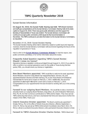 Primary view of object titled 'TBPG Quarterly Newsletter 2018'.
