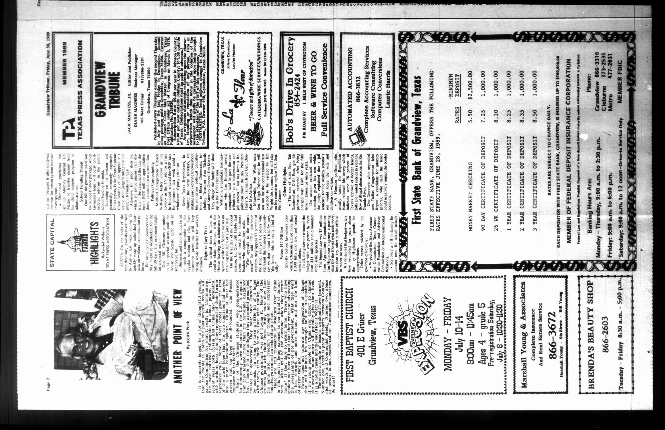 Grandview Tribune (Grandview, Tex.), Vol. 93, No. 47, Ed. 1 Friday, June 30, 1989
                                                
                                                    [Sequence #]: 2 of 10
                                                