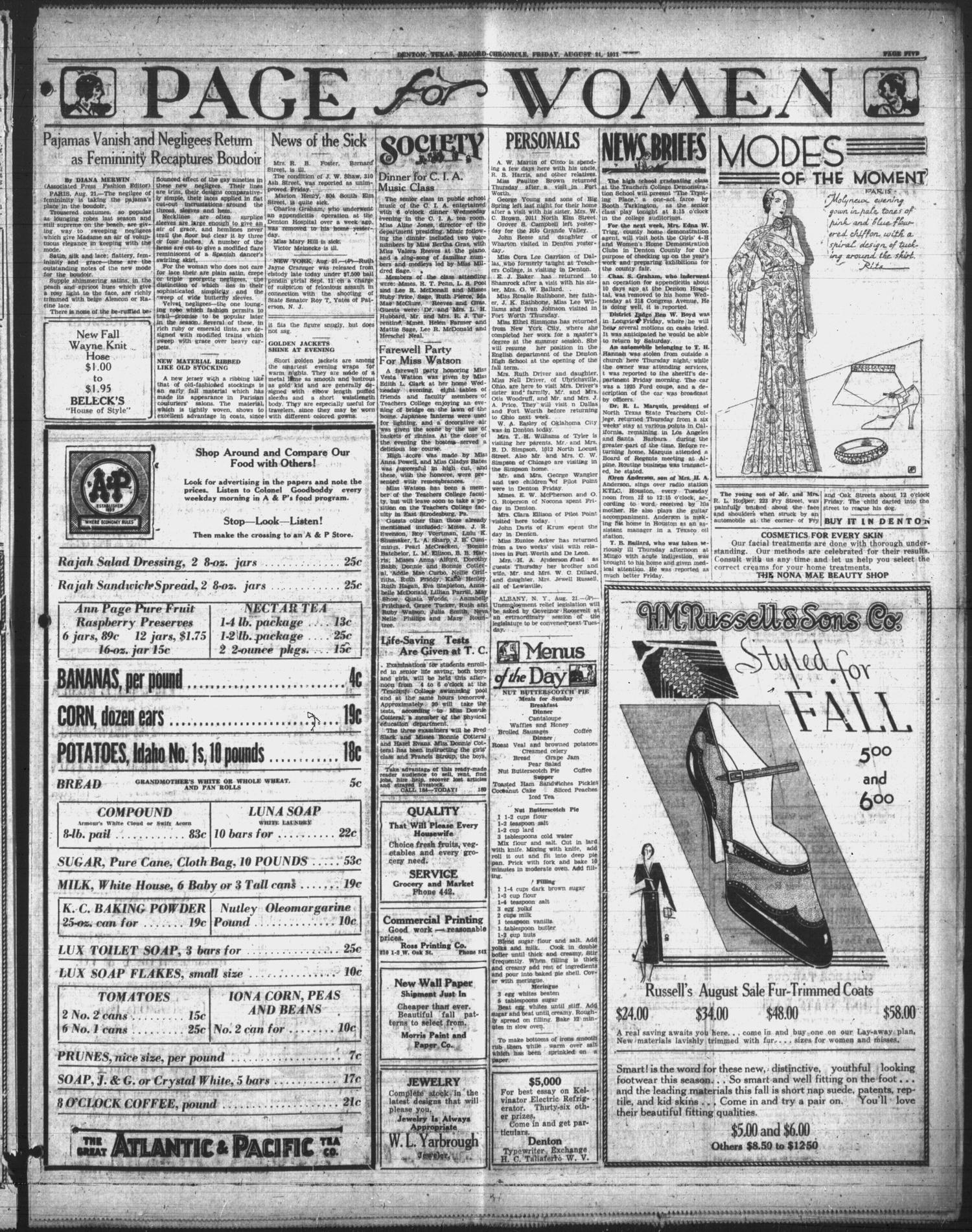 Denton Record-Chronicle (Denton, Tex.), Vol. 31, No. 6, Ed. 1 Friday, August 21, 1931
                                                
                                                    [Sequence #]: 5 of 10
                                                
