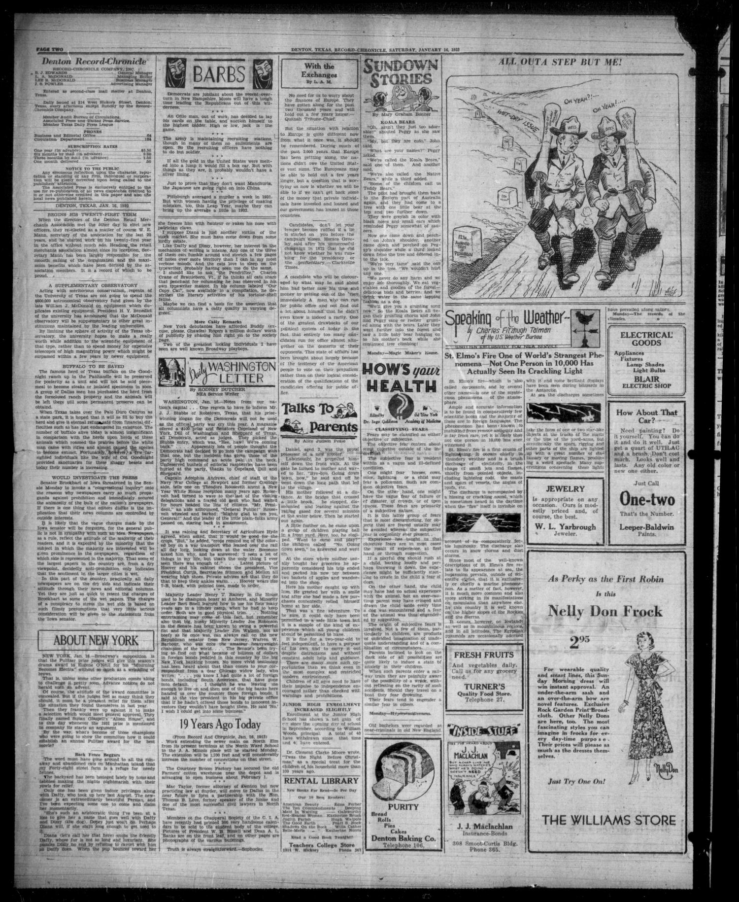 Denton Record-Chronicle (Denton, Tex.), Vol. 31, No. 133, Ed. 1 Saturday, January 16, 1932
                                                
                                                    [Sequence #]: 2 of 8
                                                