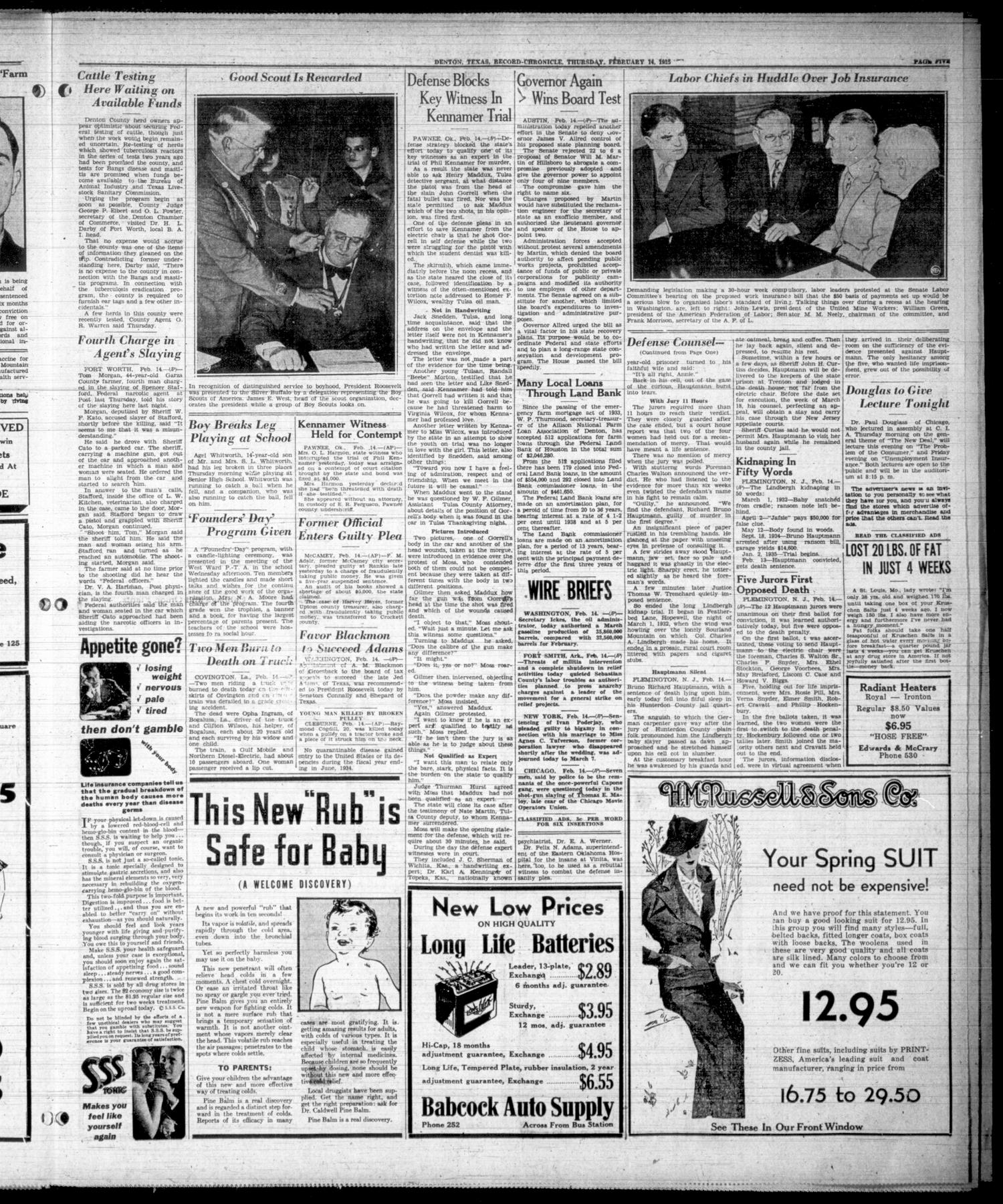 Denton Record-Chronicle (Denton, Tex.), Vol. 34, No. 158, Ed. 1 Thursday, February 14, 1935
                                                
                                                    [Sequence #]: 5 of 8
                                                