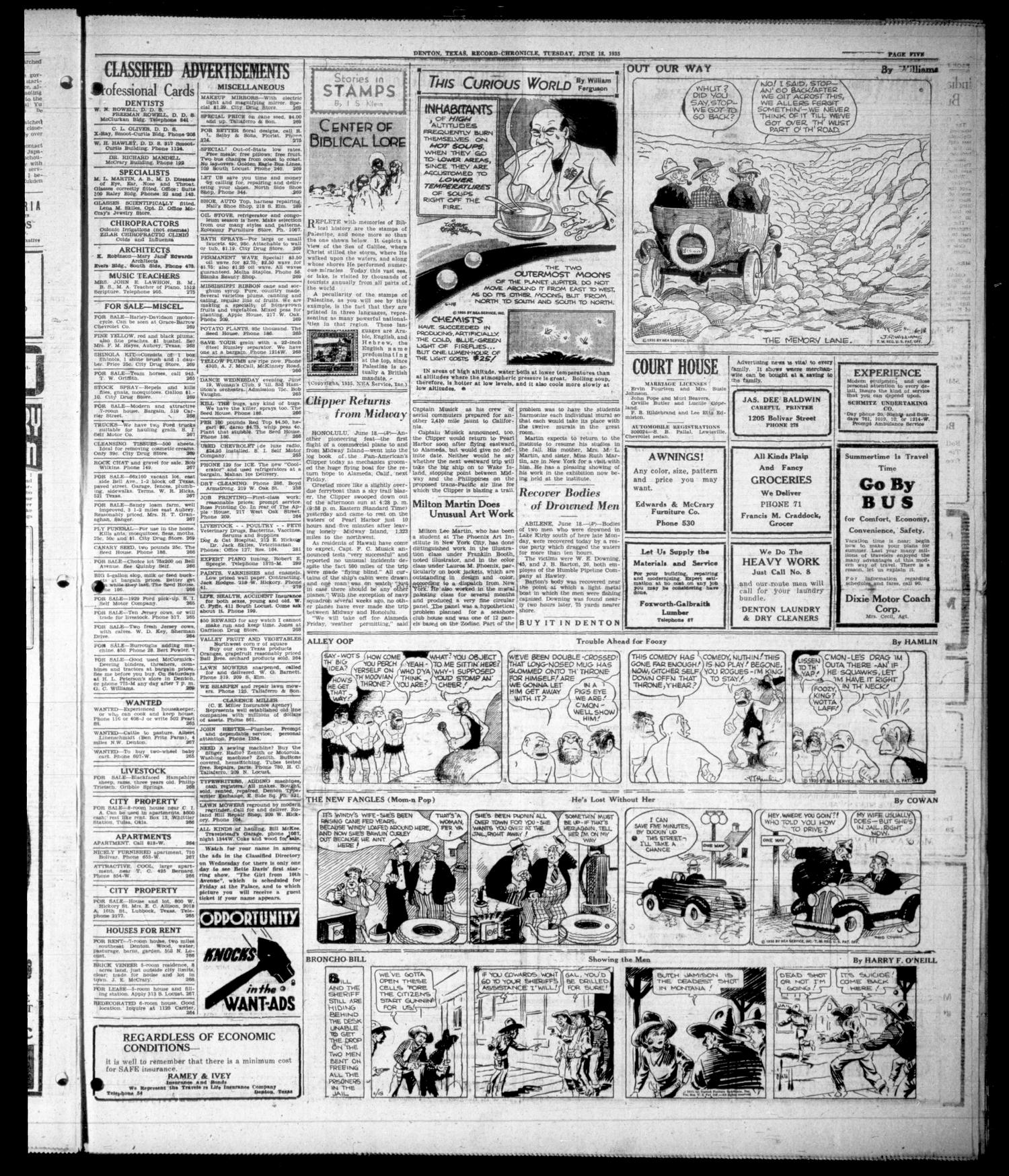 Denton Record-Chronicle (Denton, Tex.), Vol. 34, No. 264, Ed. 1 Tuesday, June 18, 1935
                                                
                                                    [Sequence #]: 5 of 6
                                                