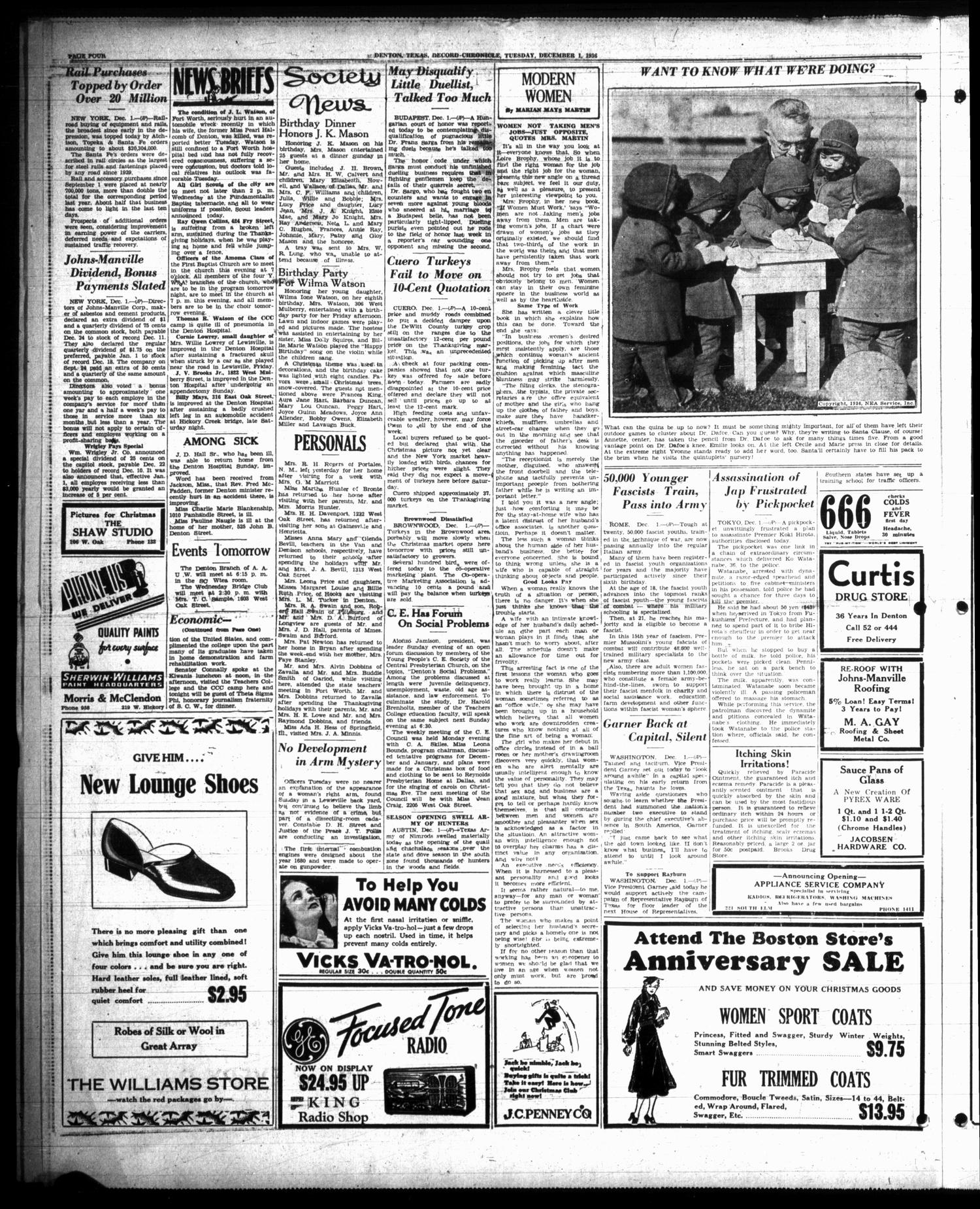 Denton Record-Chronicle (Denton, Tex.), Vol. 36, No. 93, Ed. 1 Tuesday, December 1, 1936
                                                
                                                    [Sequence #]: 4 of 8
                                                