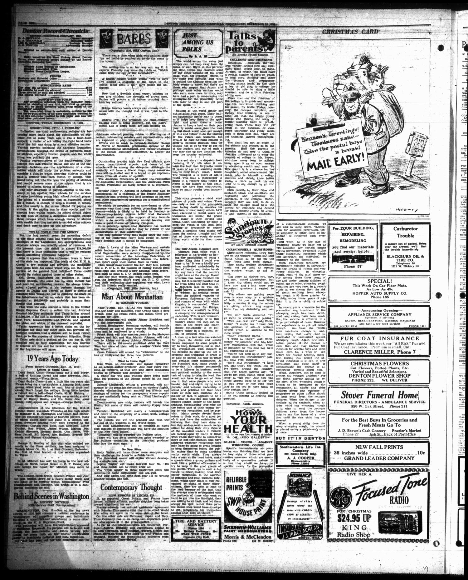 Denton Record-Chronicle (Denton, Tex.), Vol. 36, No. 106, Ed. 1 Wednesday, December 16, 1936
                                                
                                                    [Sequence #]: 6 of 8
                                                