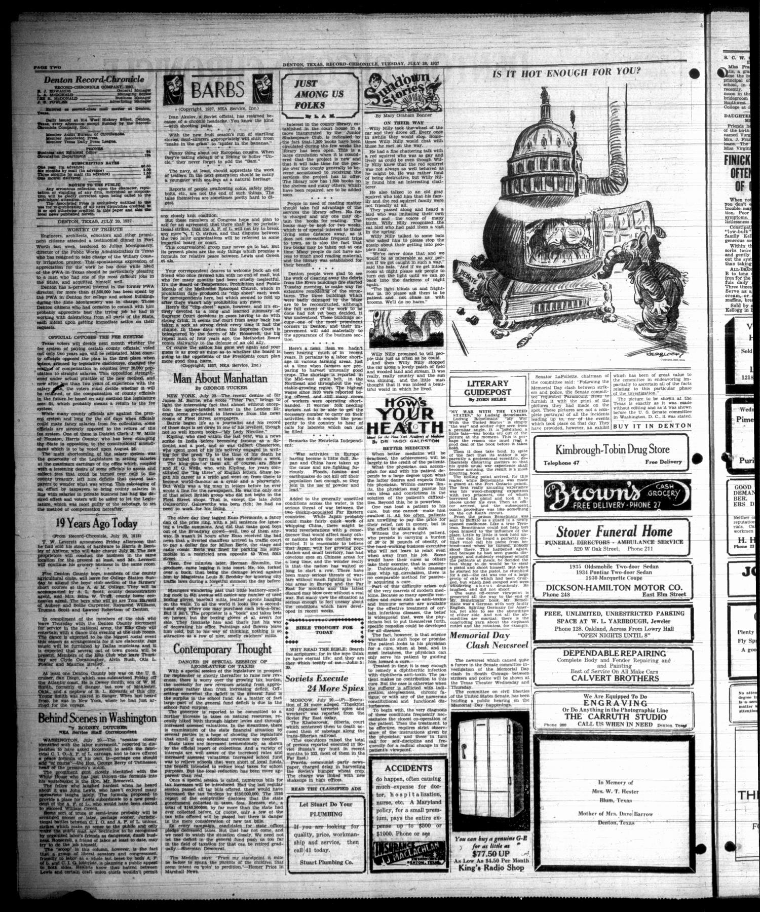 Denton Record-Chronicle (Denton, Tex.), Vol. 36, No. 291, Ed. 1 Tuesday, July 20, 1937
                                                
                                                    [Sequence #]: 2 of 8
                                                